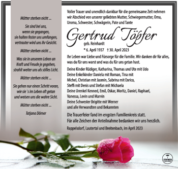 Traueranzeige von Gertrud Töpfer von Südthüringer Presse
