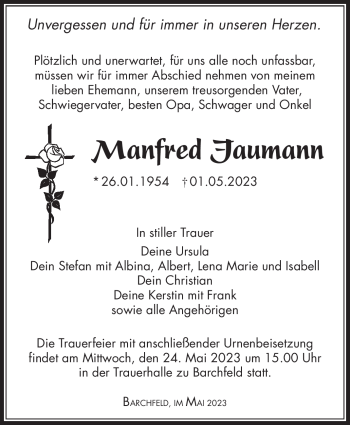 Traueranzeige von Manfred Jaumann von Südthüringer Presse