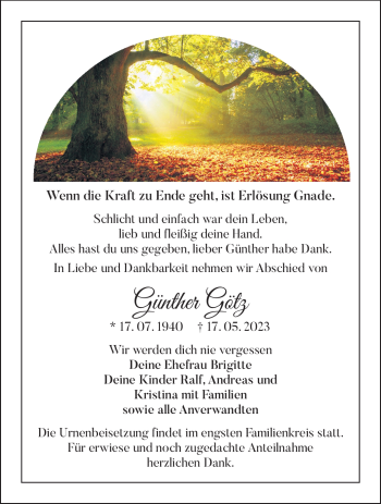 Traueranzeige von Günther Götz von Südthüringer Presse