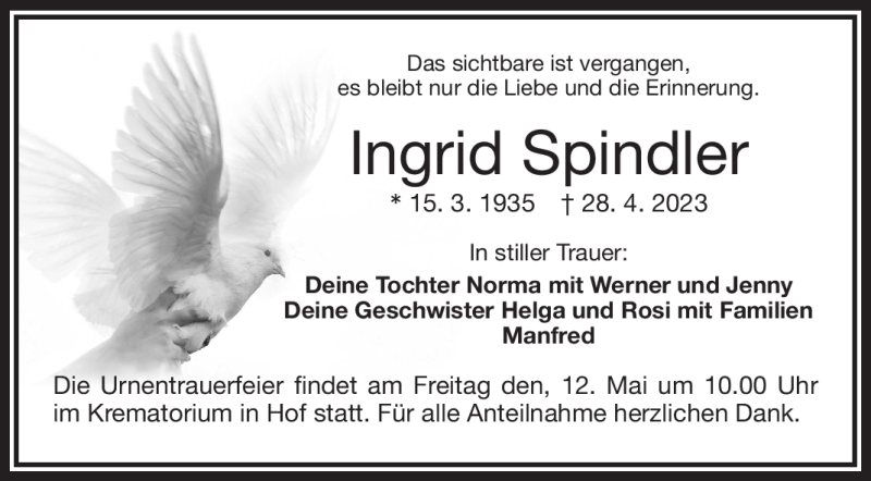  Traueranzeige für Ingrid Spindler vom 10.05.2023 aus Frankenpost