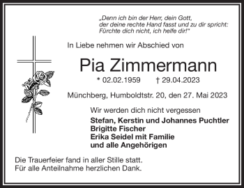 Traueranzeige von Pia Zimmermann von Frankenpost