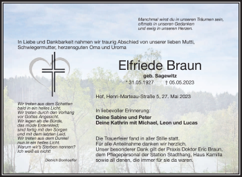 Traueranzeige von Elfriede Braun von Frankenpost