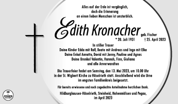 Traueranzeige von Edith Kronacher von Südthüringer Presse