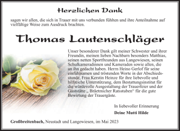Traueranzeige von Thomas Lautenschläger von Südthüringer Presse