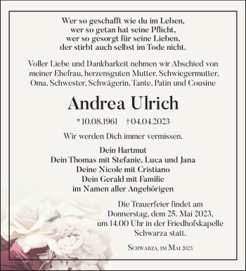 Traueranzeige von Andrea Ulrich von Südthüringer Presse