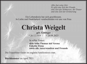 Traueranzeige von Christa Weigelt von Südthüringer Presse