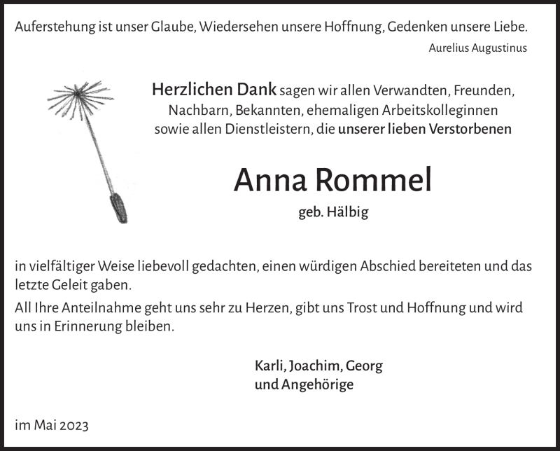  Traueranzeige für Anna Rommel vom 20.05.2023 aus Südthüringer Presse