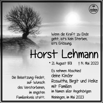 Traueranzeige von Horst Lehmann von Südthüringer Presse