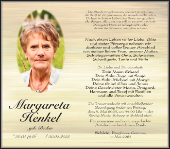 Traueranzeige von Margareta Henkel von Südthüringer Presse