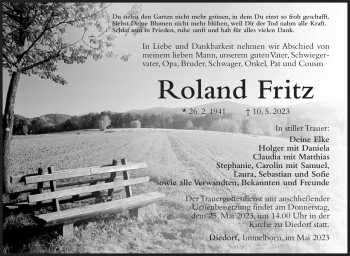 Traueranzeige von Roland Fritz von Südthüringer Presse