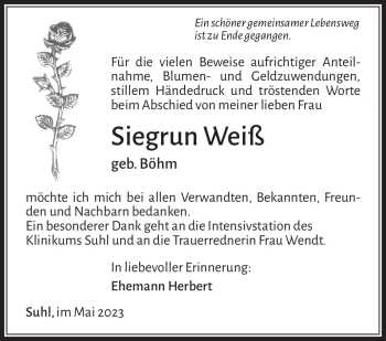 Traueranzeige von Siegrun Weiß von Südthüringer Presse
