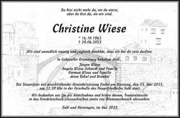 Traueranzeige von Christine Wiese von Südthüringer Presse