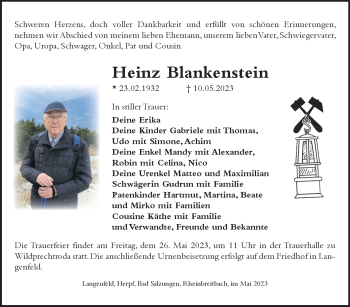 Traueranzeige von Heinz Blankenstein von Südthüringer Presse