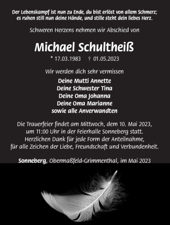 Traueranzeige von Michael Schultheiß von Südthüringer Presse