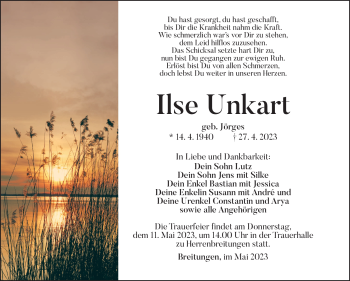Traueranzeige von Ilse Unkart von Südthüringer Presse
