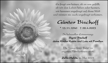 Traueranzeige von Günter Bischoff von Südthüringer Presse