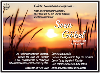 Traueranzeige von Sven Göbel von Südthüringer Presse