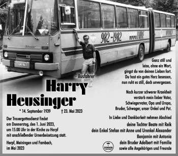 Traueranzeige von Harry Heusinger von Südthüringer Presse
