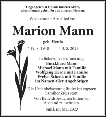 Traueranzeige von Marion Mann von Südthüringer Presse