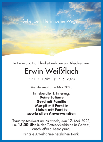 Traueranzeige von Erwin Weißflach von Frankenpost