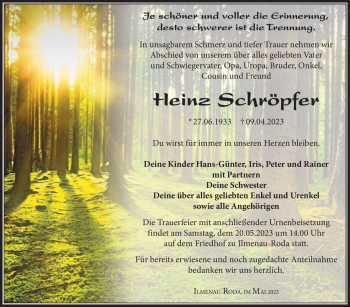Traueranzeige von Heinz Schröpfer von Südthüringer Presse