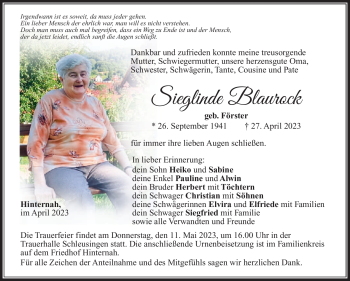 Traueranzeige von Sieglinde Blaurock von Südthüringer Presse