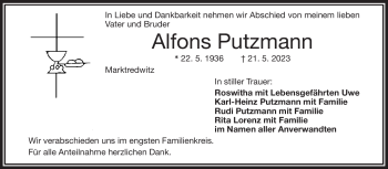 Traueranzeige von Alfons Putzmann von Frankenpost