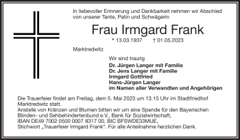 Traueranzeige von Irmgard Frank von Frankenpost