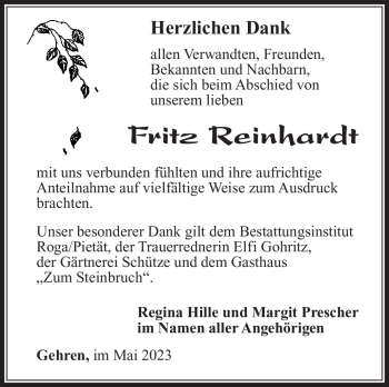 Traueranzeige von Fritz Reinhardt von Südthüringer Presse