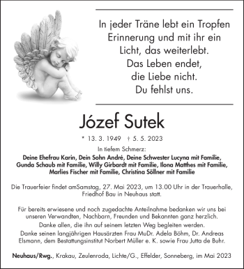 Traueranzeige von Józef Sutek von Südthüringer Presse