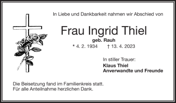 Traueranzeige von Ingrid Thiel von Frankenpost
