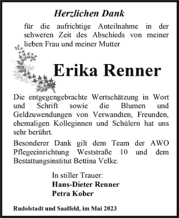 Traueranzeige von Erika Renner von Südthüringer Presse