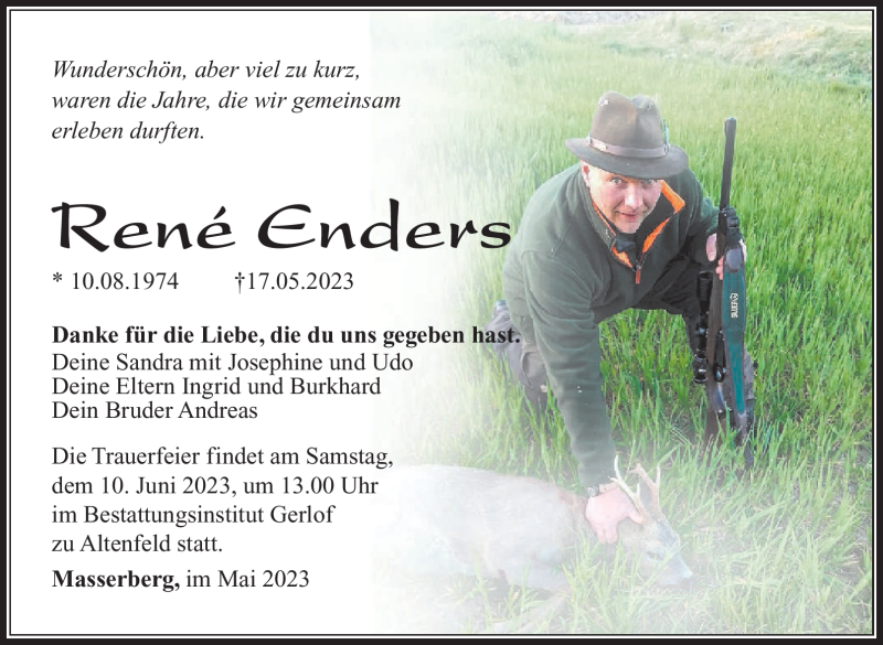  Traueranzeige für René Enders vom 27.05.2023 aus Südthüringer Presse