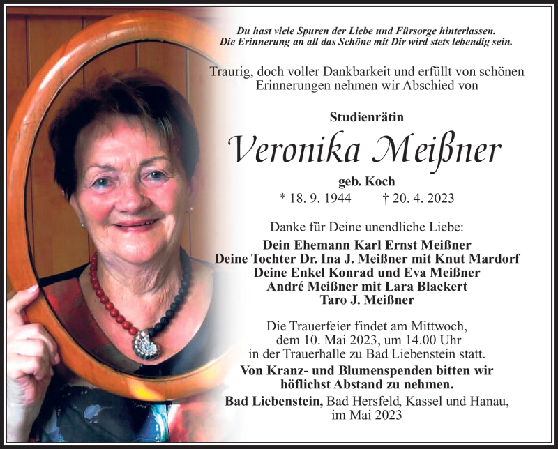 Traueranzeige für Veronika Meißner vom 06.05.2023 aus Südthüringer Presse