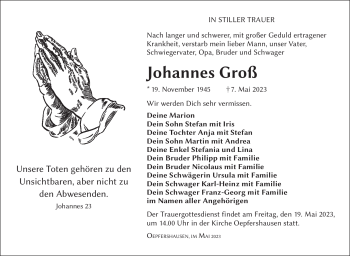Traueranzeige von Johannes Groß von Südthüringer Presse