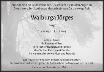 Traueranzeige von Walburga Jörges von Südthüringer Presse