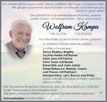 Traueranzeige von Wolfram Kampa von Südthüringer Presse