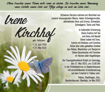 Traueranzeige von Irene Kirchhof von Südthüringer Presse