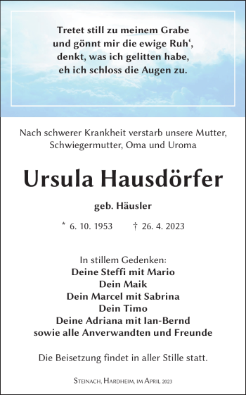 Traueranzeige von Ursula Hausdörfer von Südthüringer Presse