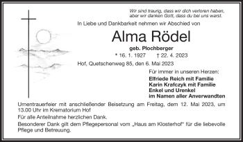 Traueranzeige von Alma Rödel von Frankenpost