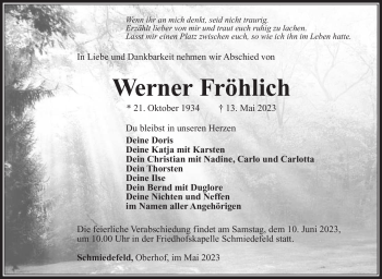 Traueranzeige von Werner Fröhlich von Südthüringer Presse