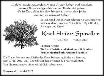 Traueranzeige von Karl-Heinz Spindler von Südthüringer Presse
