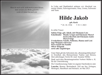 Traueranzeige von Hilde Jakob von Südthüringer Presse