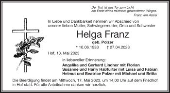 Traueranzeige von Helga Franz von Frankenpost