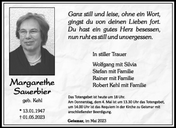 Traueranzeige von Margarethe Sauerbier von Südthüringer Presse