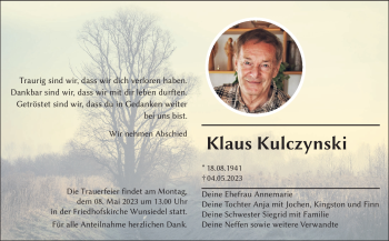 Traueranzeige von Klaus Kulczynski von Frankenpost