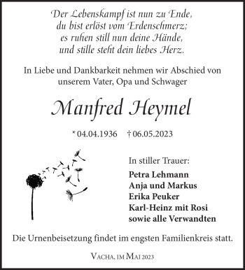 Traueranzeige von Manfred Heymel von Südthüringer Presse
