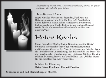 Traueranzeige von Peter Krebs von Südthüringer Presse