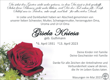 Traueranzeige von Gisela Kniesa von Südthüringer Presse
