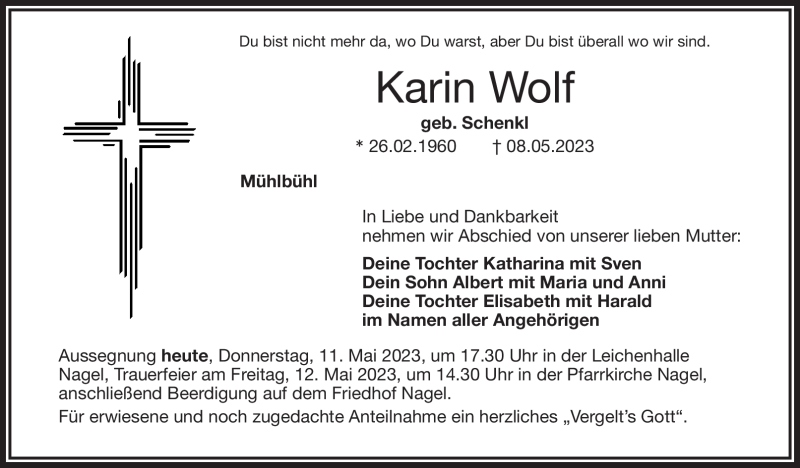  Traueranzeige für Karin Wolf vom 11.05.2023 aus Frankenpost